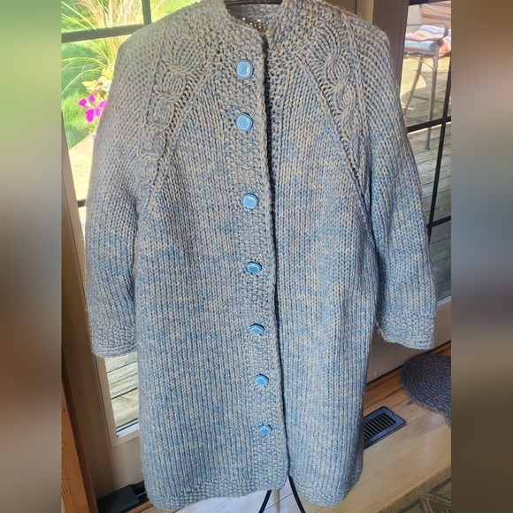 Authentic Original Vintage Style Jackets & Blazers - Vintage Handmade Pure Wool Blue Lined Heavy Knit Button-Down Sz. XL Coat